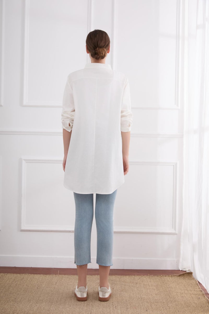 Minibee Women's Cotton Linen Shirt High Low Button Down Embroidered Blouse Long Sleeve Tunic Tops - Image 4